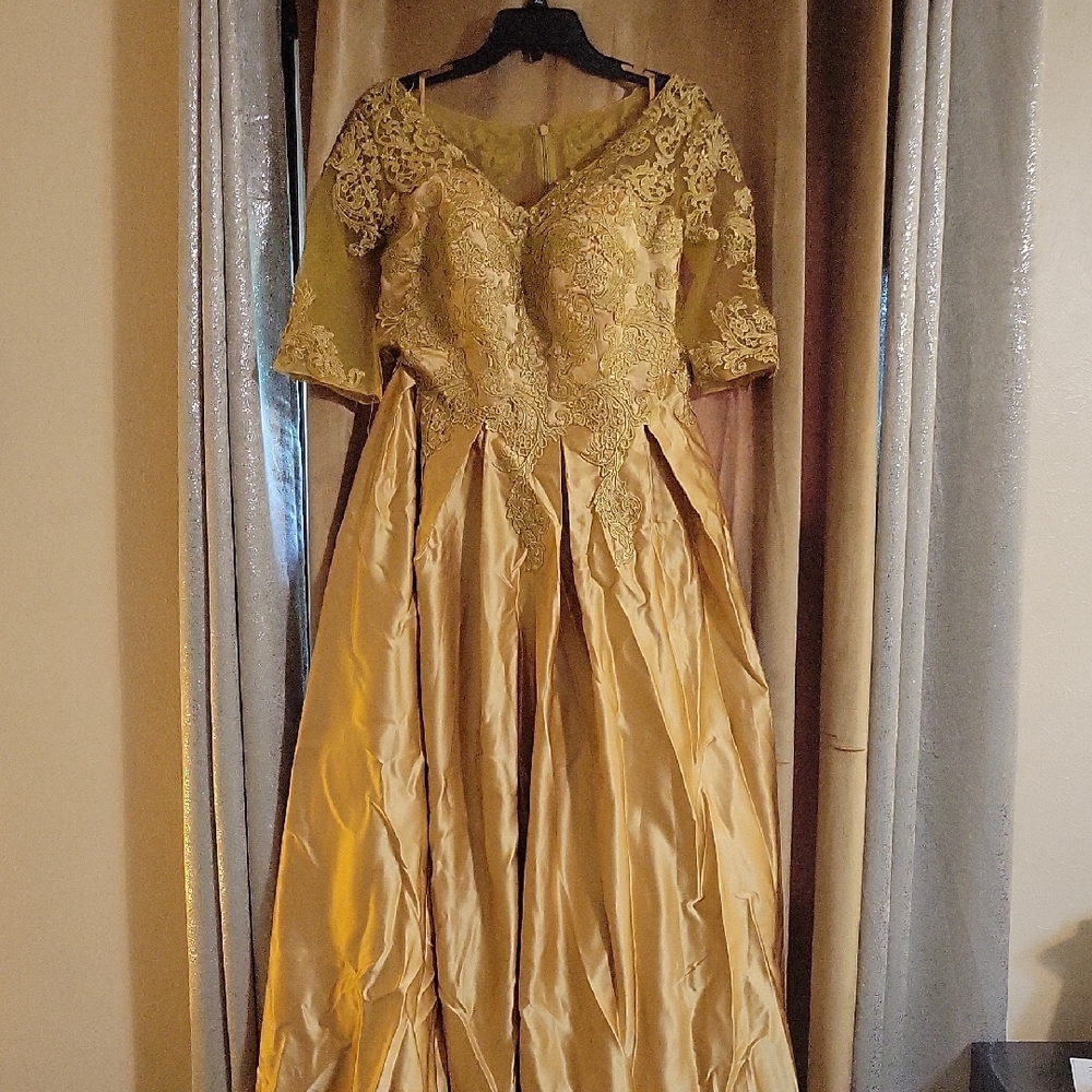 Gold Pleated V-Neck Gown with Bishop Sleeves